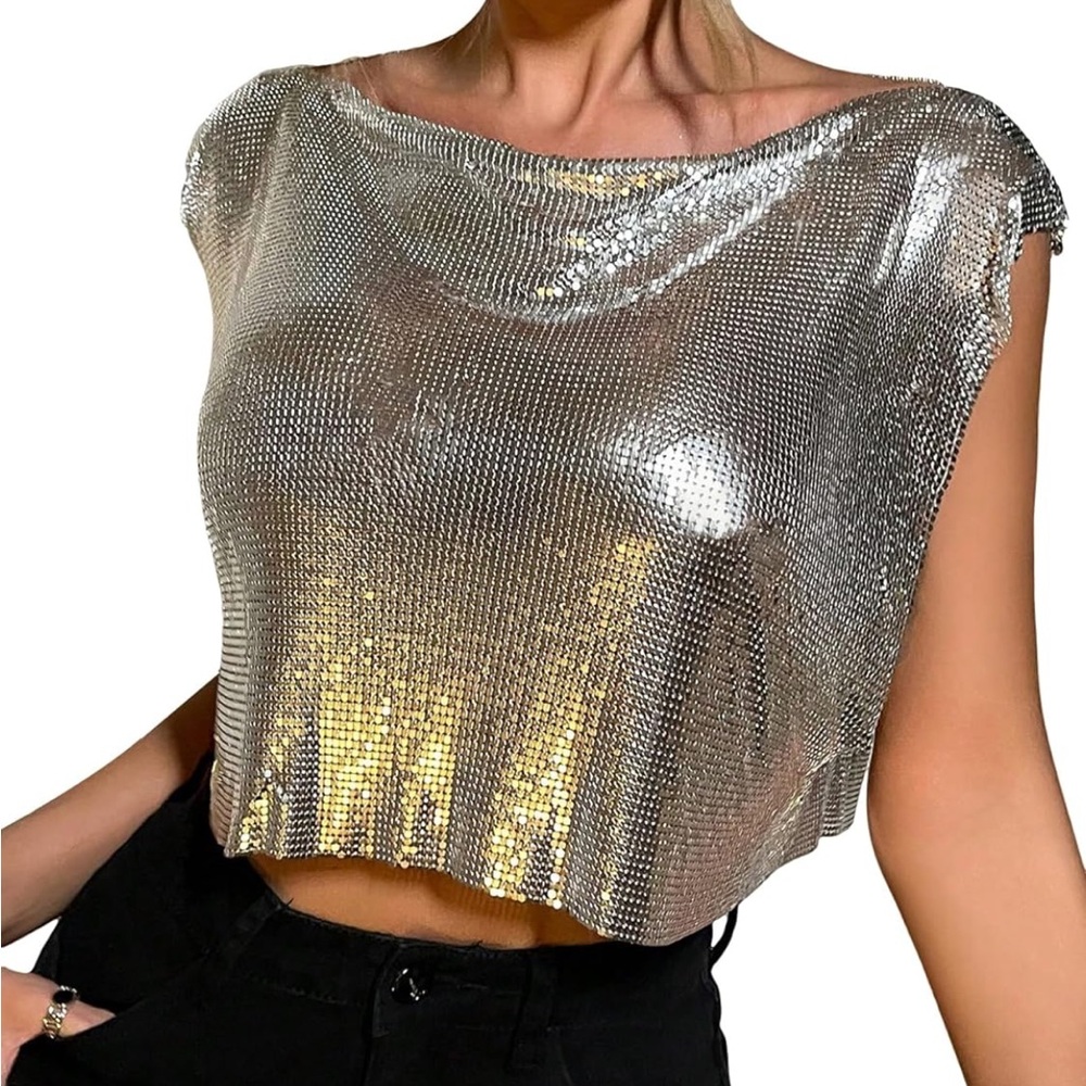 Women's Metallic Boat Neck Crop Tank Top Sleeveless Party Club
